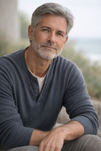 Composed middle-aged executive seated outdoors near the ocean, conveying steadiness and leadership presence.